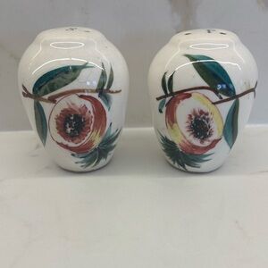 Vintage Hand Painted Peach Floral Salt and Pepper Shakers with Patina